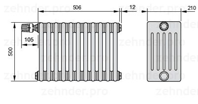 Схема (чертеж) Радиатор Zehnder Charleston 6050/11 №V012 Белый глянцевый RAL 9016
